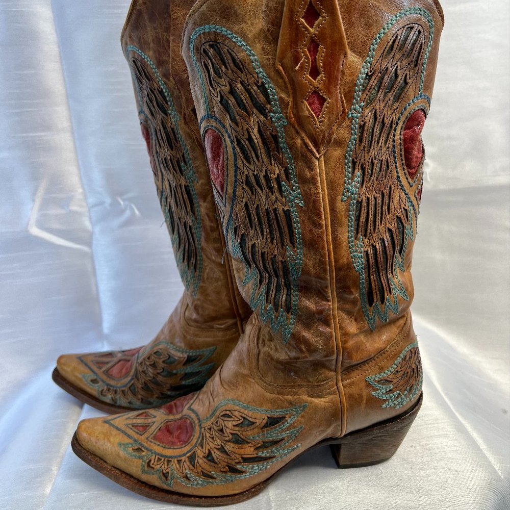 ANGEL WING PEACE HEART Handcrafted Leather CORRAL BOOTS Size 9.5 M